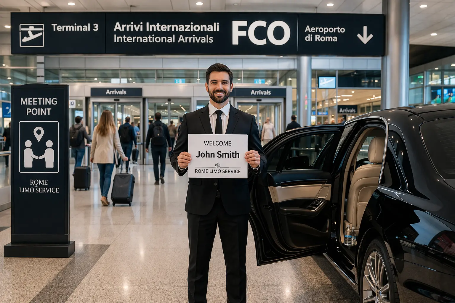 Rome FCO airport private chauffeur meet and greet limo service at terminal arrivals