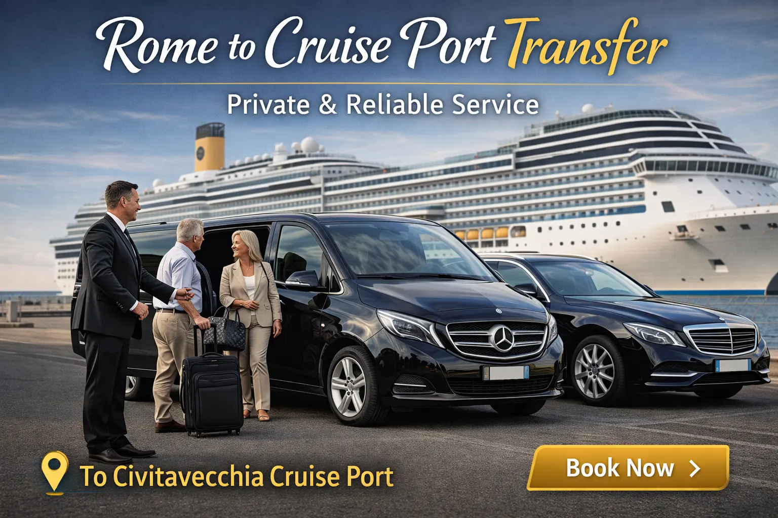 Rome to cruise port transfer with private chauffeur and luxury Mercedes vehicle