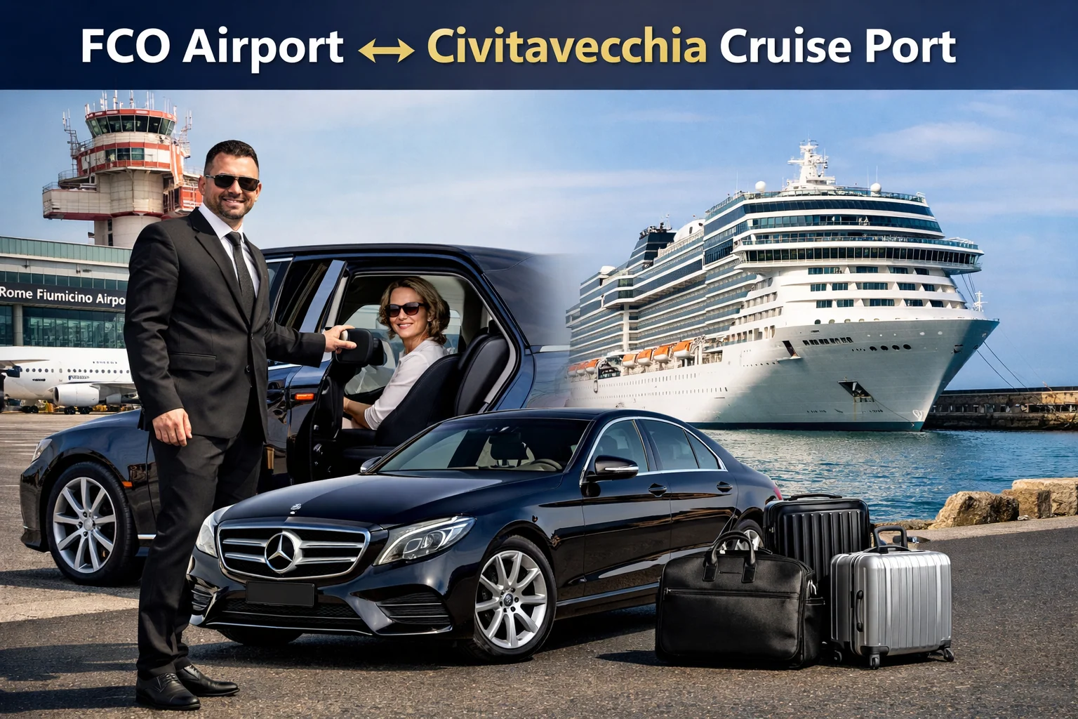 Rome city center to Civitavecchia port private transfer with professional chauffeur service